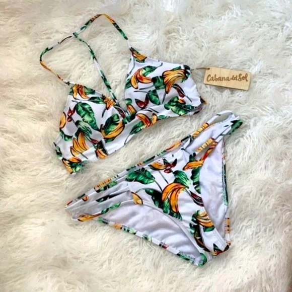 PacSun Cabana del Sol Banana Leaf Print Strappy T Back Bikini Swimsuit Set - Picture 4 of 15